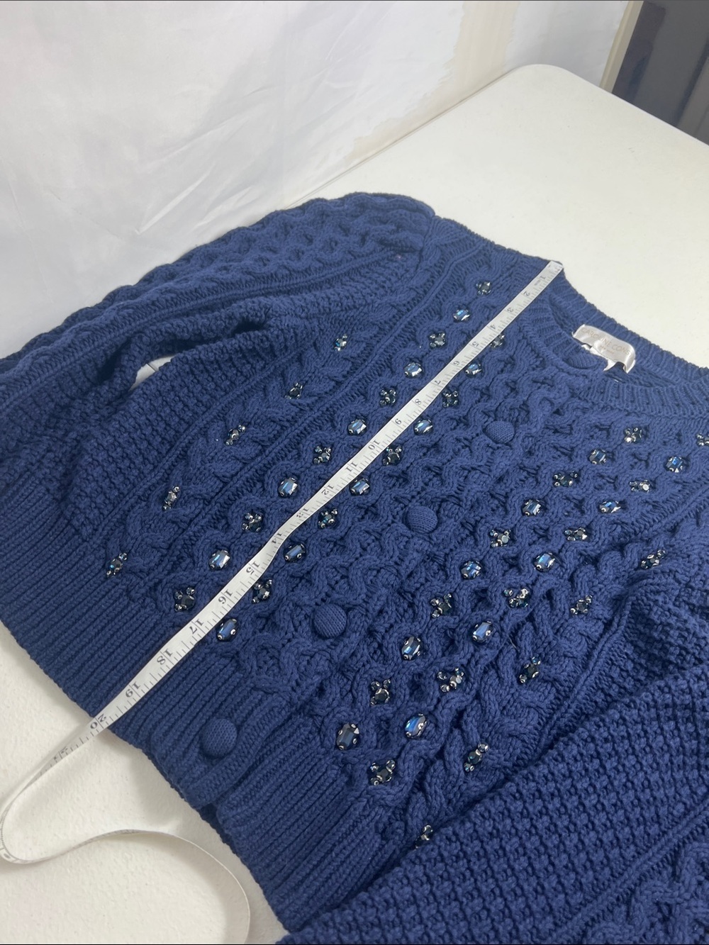 Caroline Constas Sz S Blue Cable Knit Rhiinestone Embellished Cardigan NWT - Picture 6 of 11